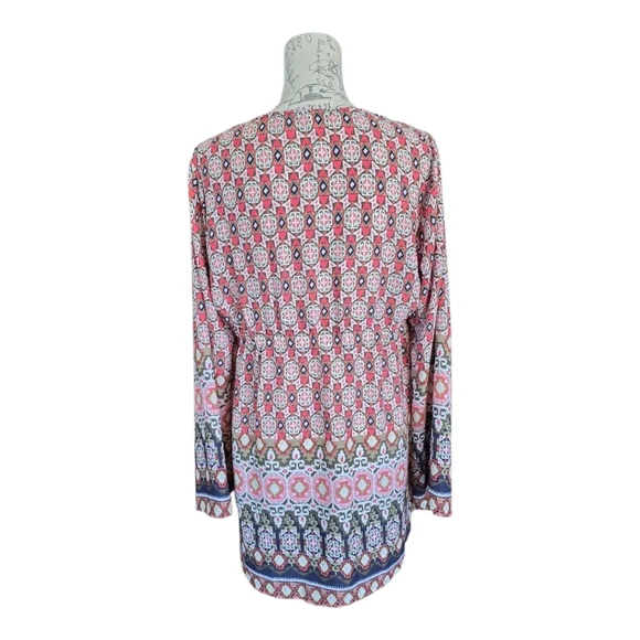 Halo Red Cream Multicolor Geometric Print Long Sleeve Boho Blouse M - Picture 5 of 8